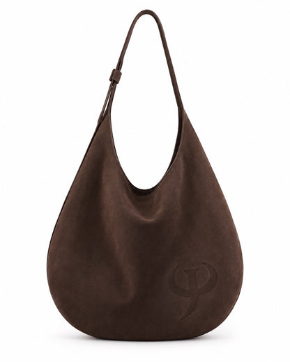 JC Shoulder Bag in Brown Dark Chocolate suede with embossed JC monogram – front view