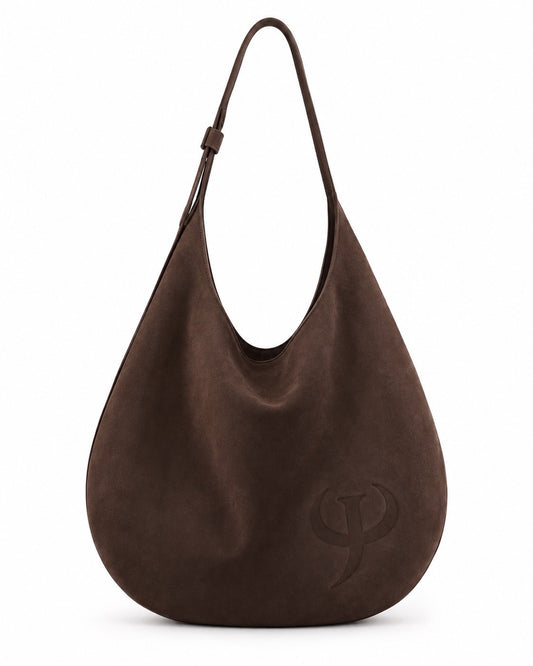 JC Shoulder Bag in Brown Dark Chocolate suede with embossed JC monogram – front view
